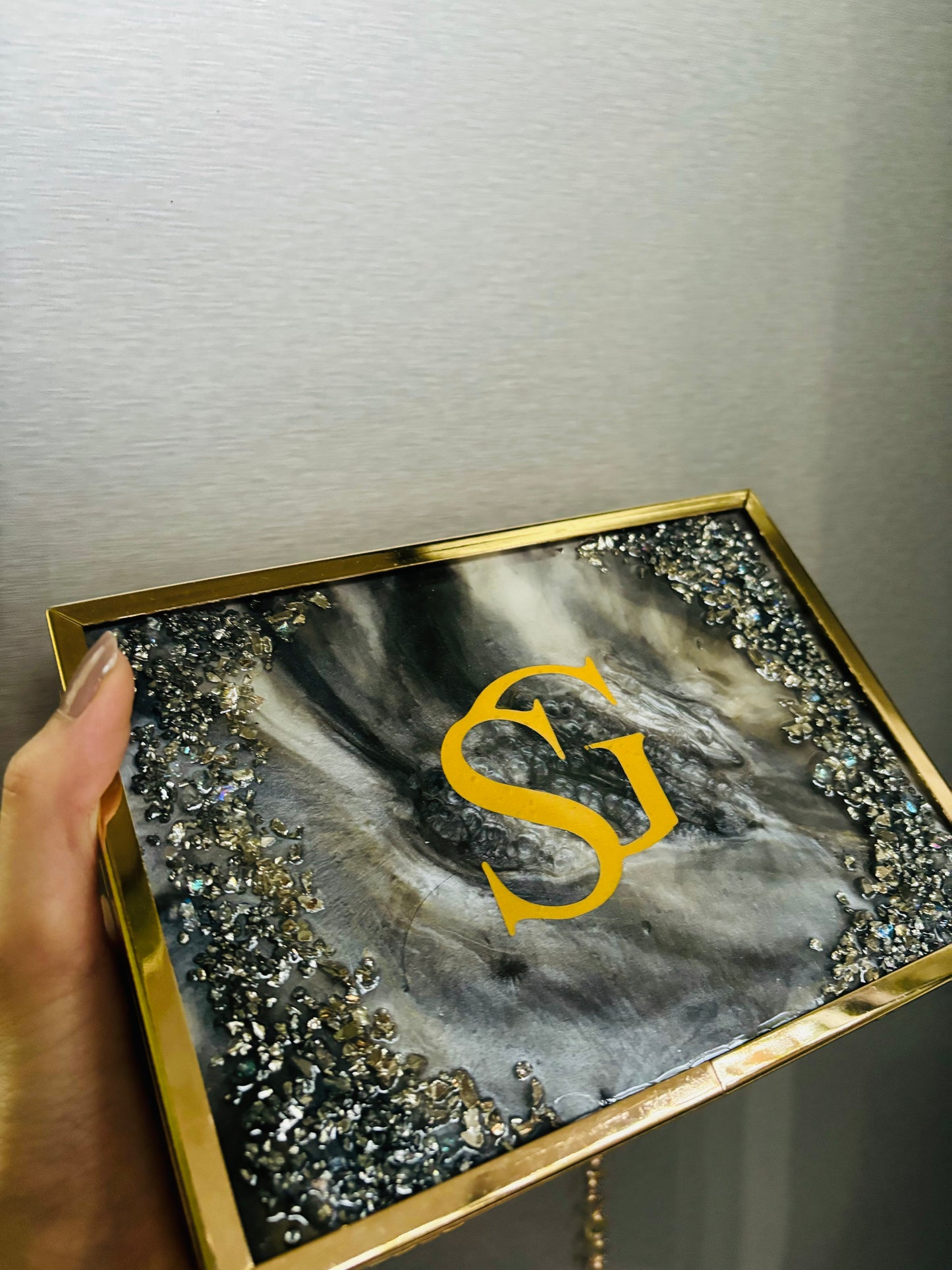 CHARCOAL CHARM CLUTCH WITH INITIALS