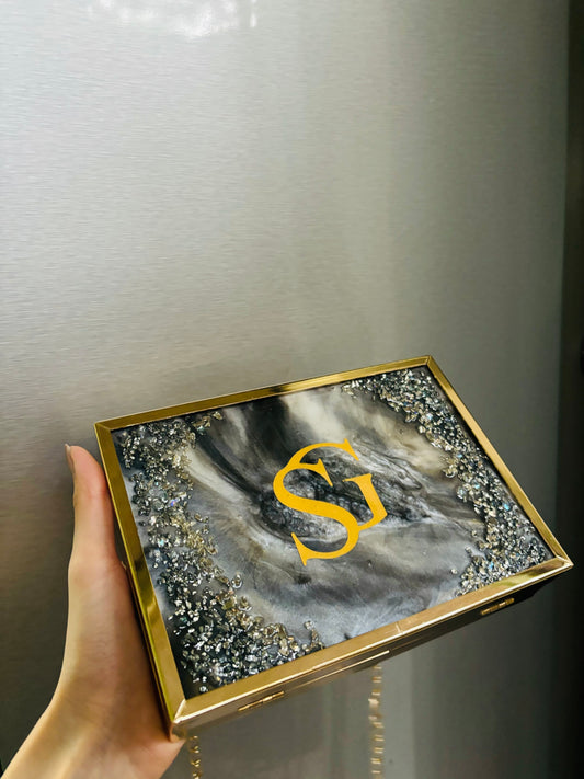 CHARCOAL CHARM CLUTCH WITH INITIALS